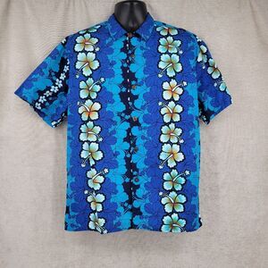 Hilo Hattie Hawaiian Shirt Blue Tropical  Floral Men's Button Down Short Sleeve